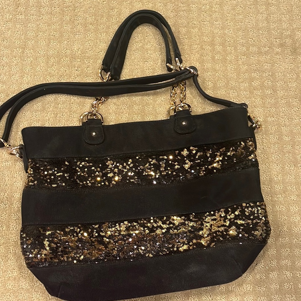 Deux Lux striped sequin tote with removable strap